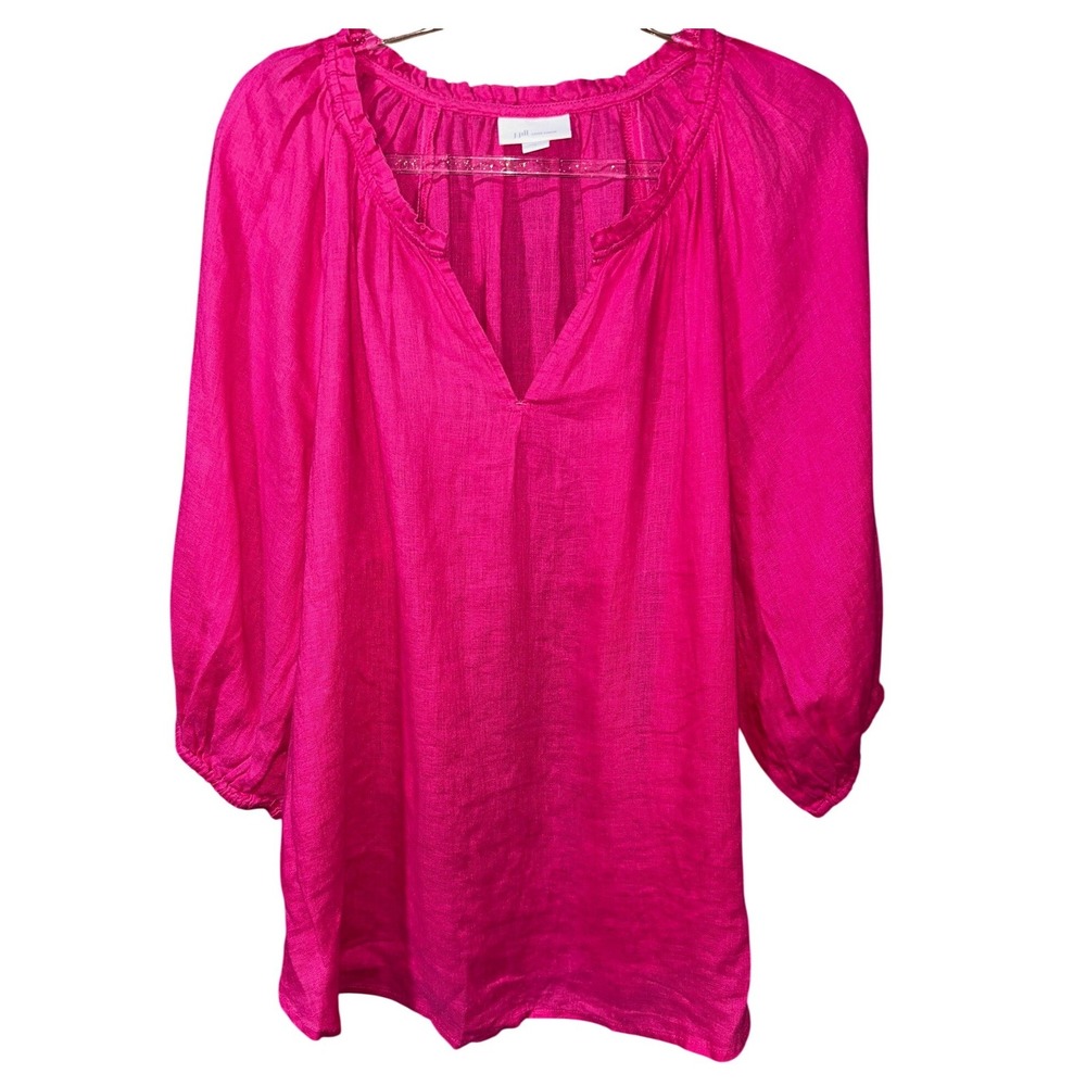 J.Jill‎ Relaxed Peasant Blouse Hot Pink Love Linen Split Neck Top Small